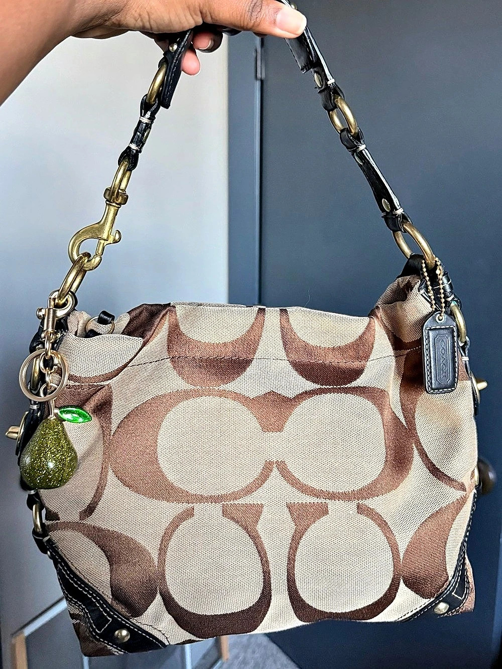 Coach Carly in Beige and Brown Canvas Medium